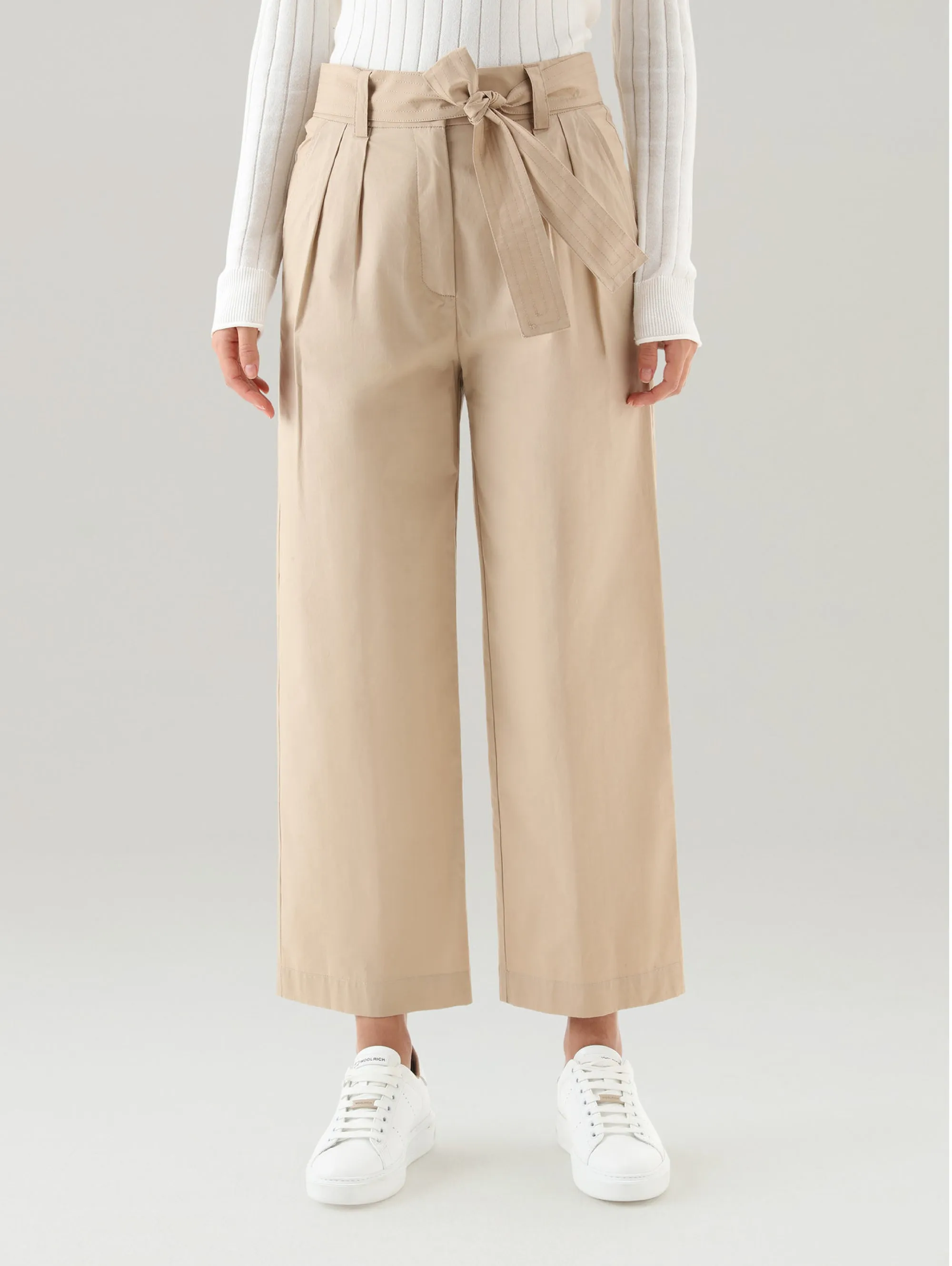 Pantaloni Cropped in Poplin con Cinta Beige