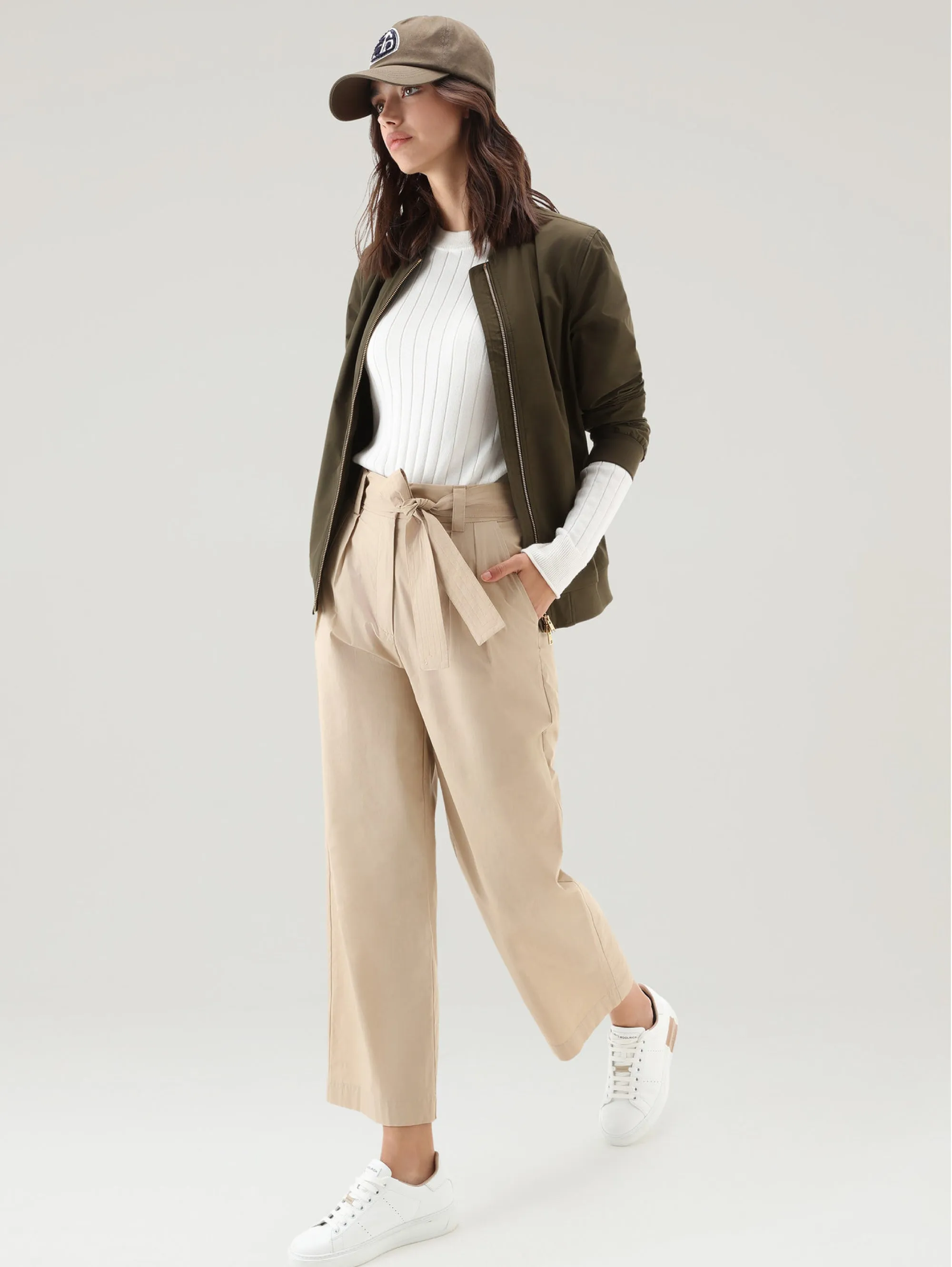 Pantaloni Cropped in Poplin con Cinta Beige