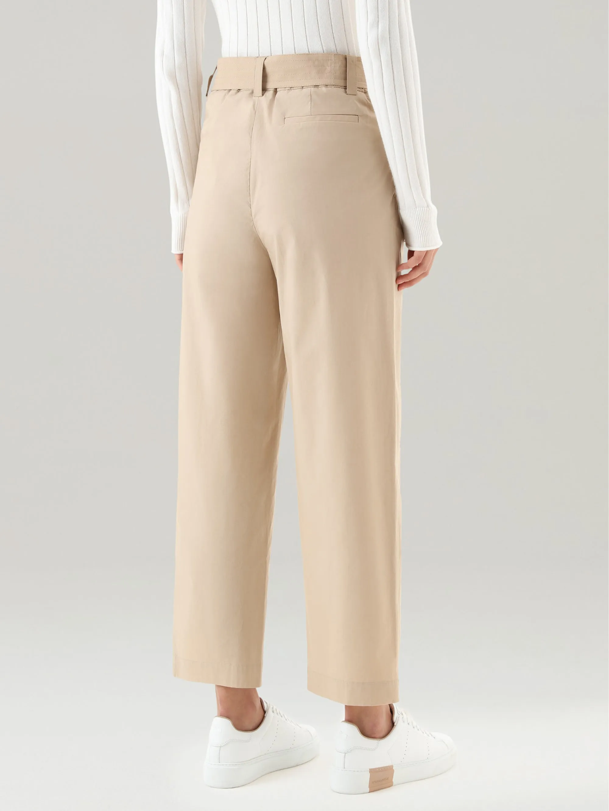 Pantaloni Cropped in Poplin con Cinta Beige