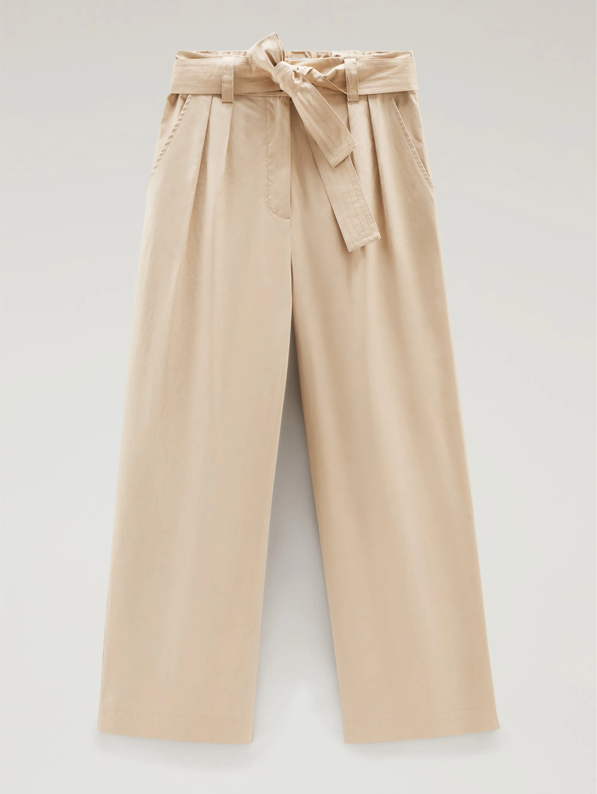 Pantaloni Cropped in Poplin con Cinta Beige