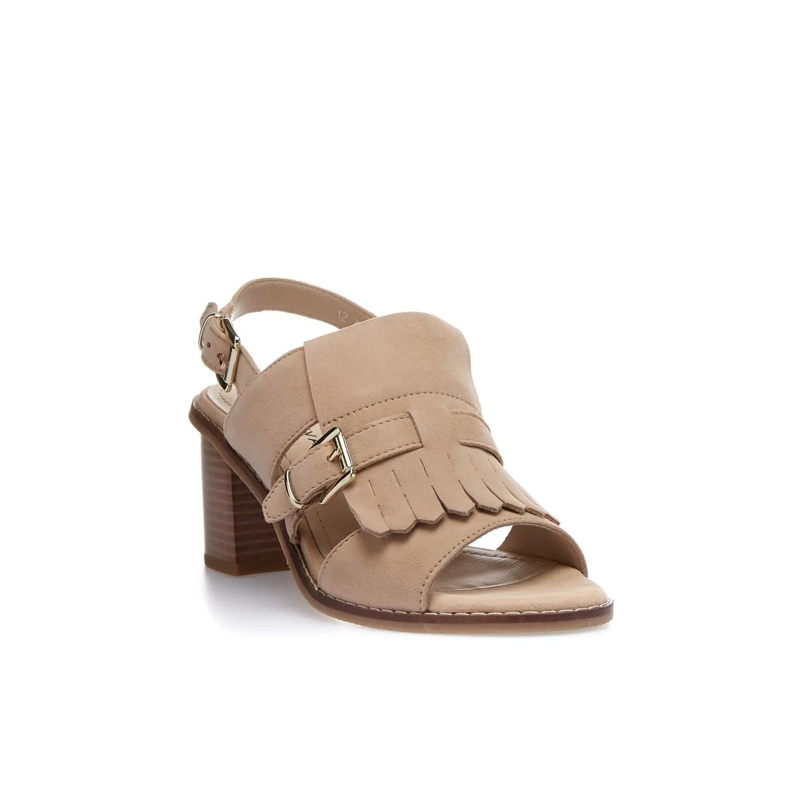 Sandali beige in pelle con tacco e dettaglio fibbia con frange