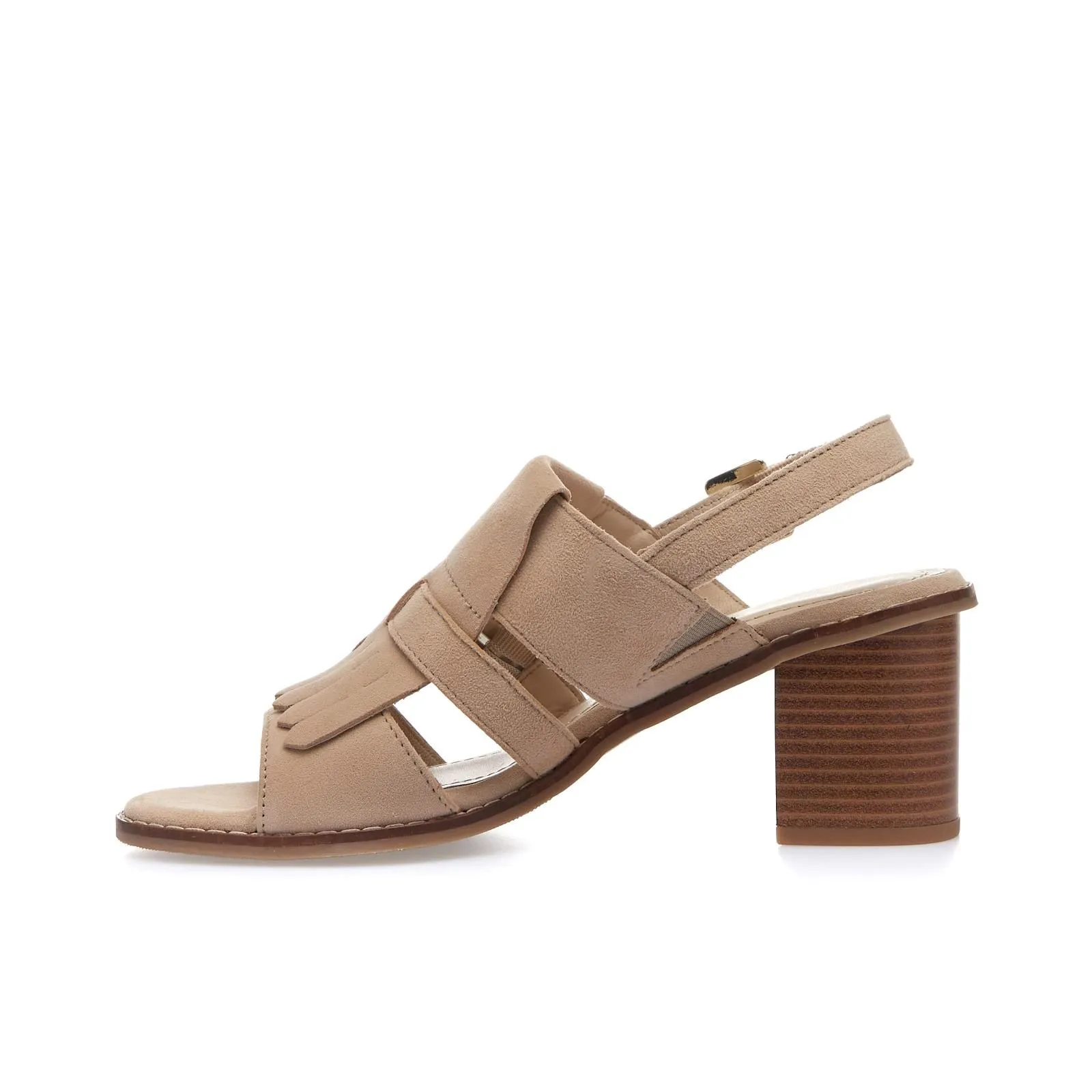 Sandali beige in pelle con tacco e dettaglio fibbia con frange
