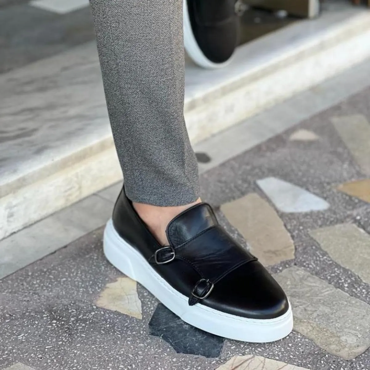 Scarpe sportive da uomo marroni Scarpe casual vulcanizzate Scarpe da monaco con doppia fibbia fatte a mano nere Scarpe da uomo d
