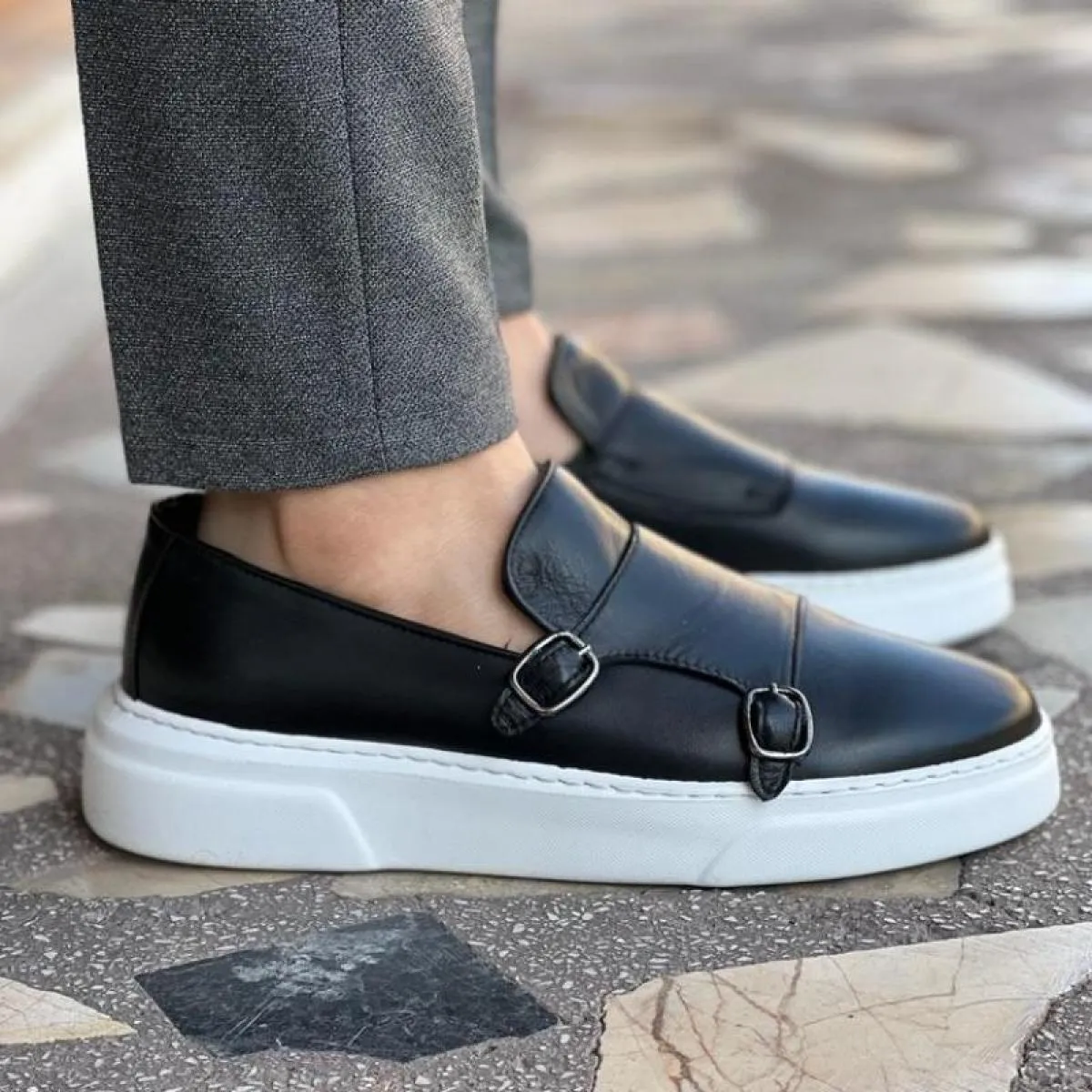 Scarpe sportive da uomo marroni Scarpe casual vulcanizzate Scarpe da monaco con doppia fibbia fatte a mano nere Scarpe da uomo d