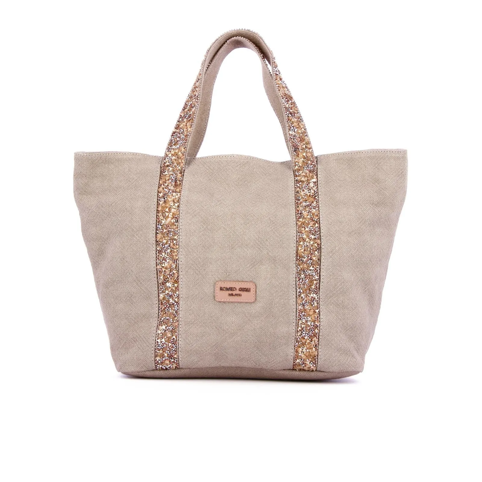 Shopper beige in tessuto con manici decorati