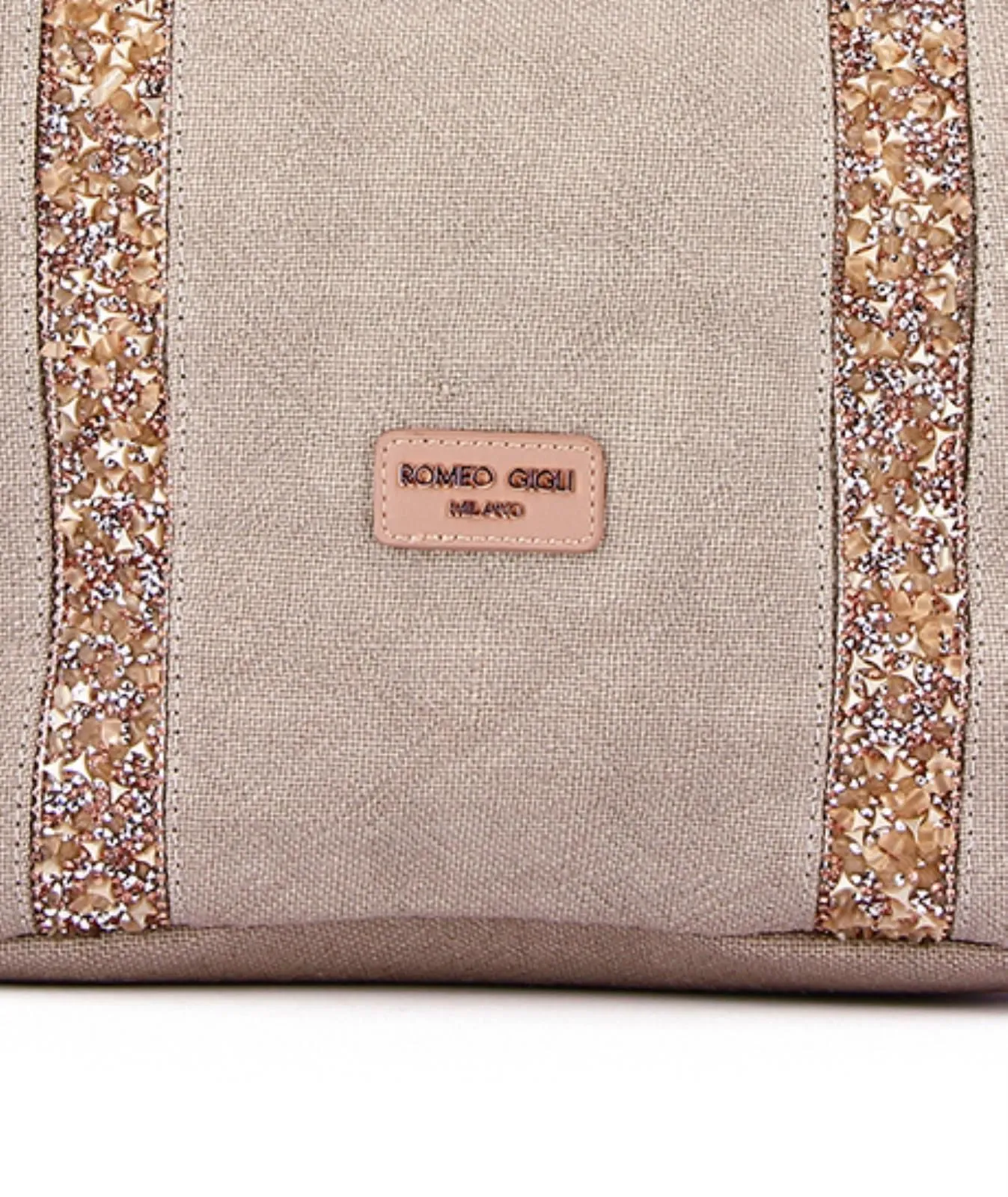 Shopper beige in tessuto con manici decorati