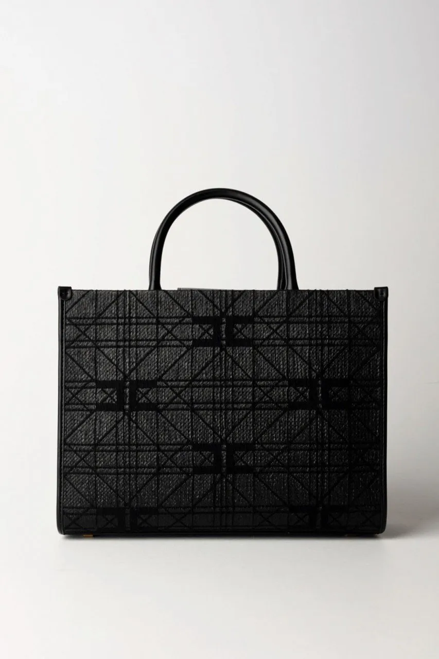 Shopper media in rafia con logo Nero