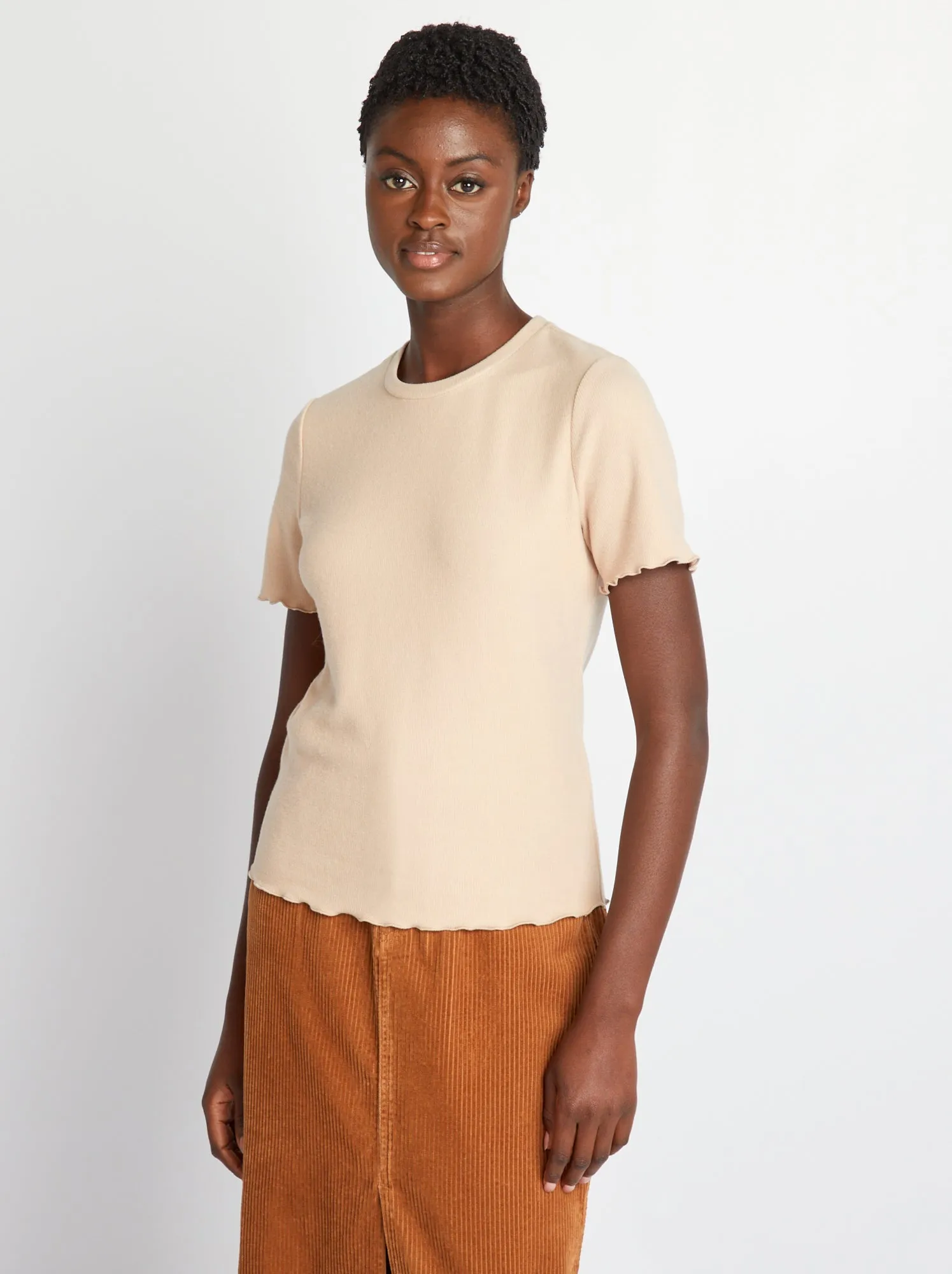 T-shirt a coste in tessuto soffice - BEIGE
