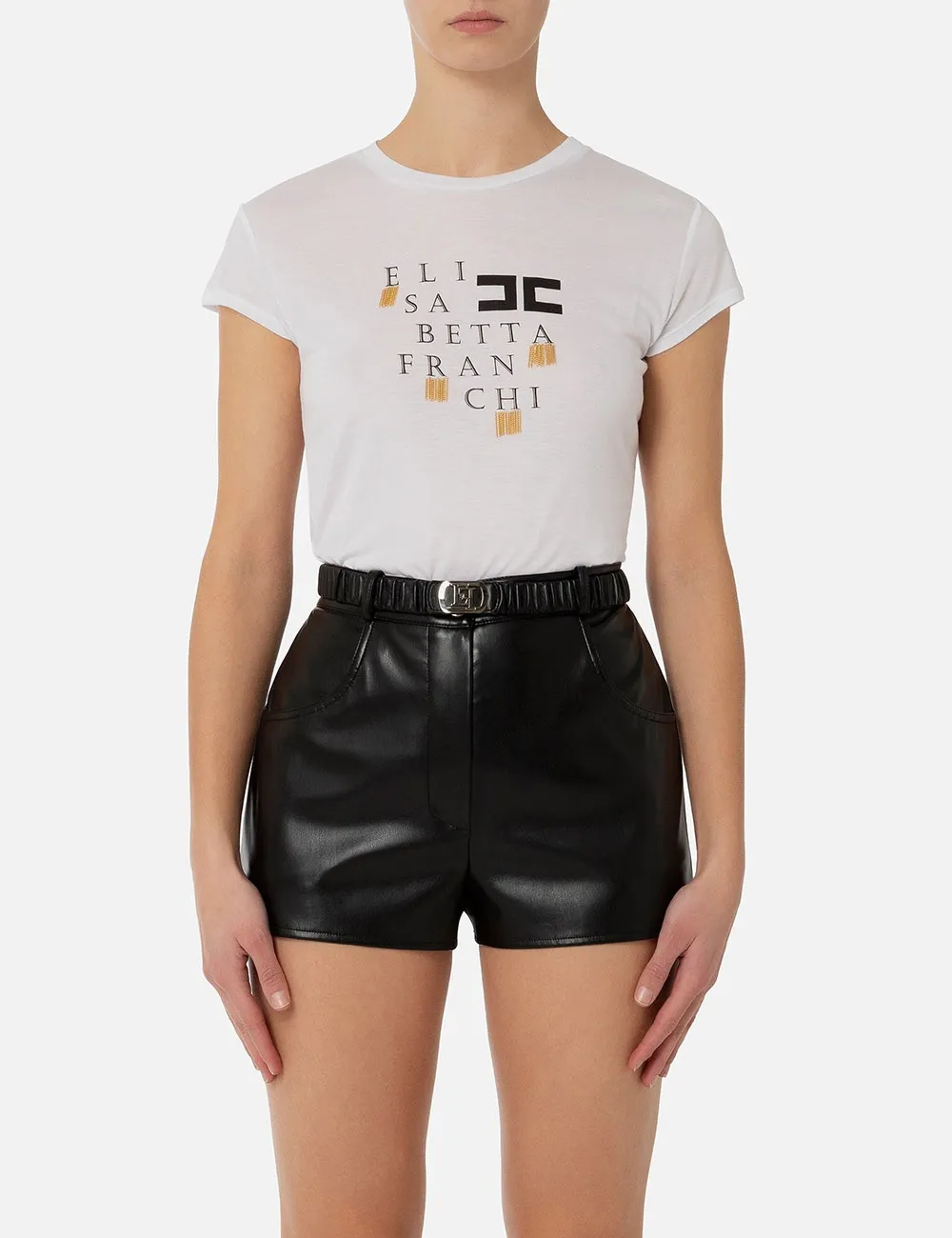 T-shirt in jersey con logo e frange gesso
