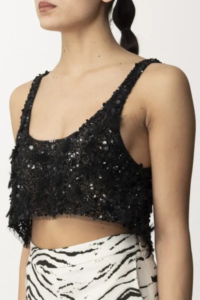 Top crop in tulle con paillettes e frange Nero