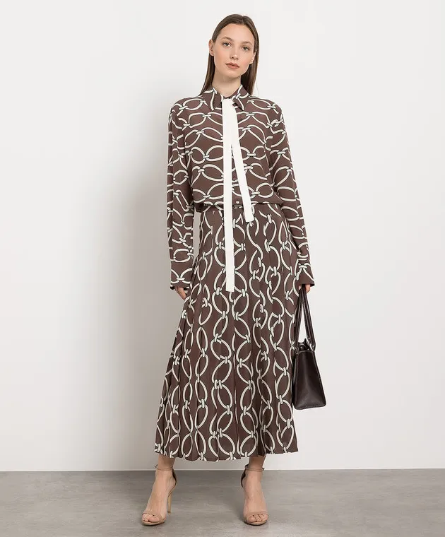 Valentino Gonna plissettata in seta stampata Chain 1967 color marrone 2B3RA9K07N4